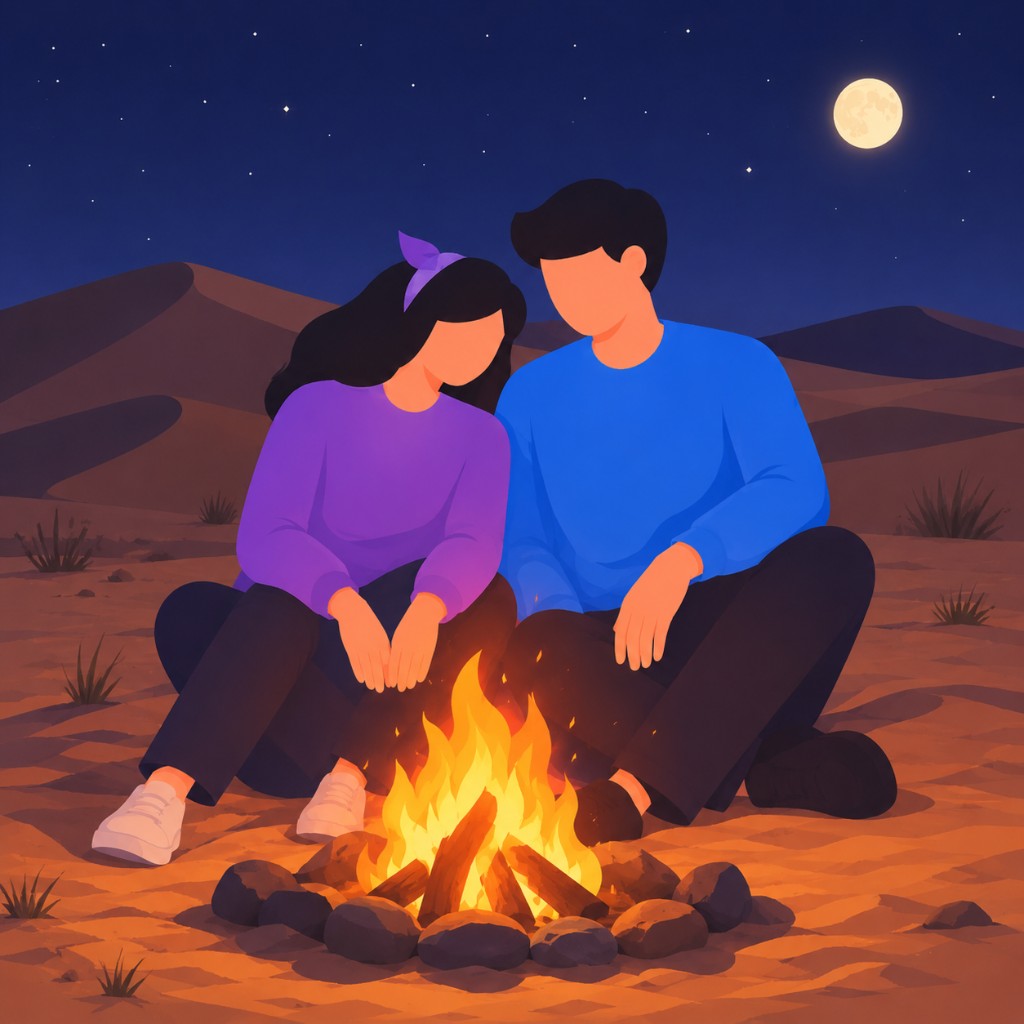 زوجی کنار آتش زیر نور ماه